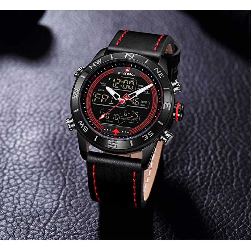 NAVIFORCE Men's Waterproof Sport Watches Leather Digital Analog Watch Luxury Casual Dual Time Wristwatch