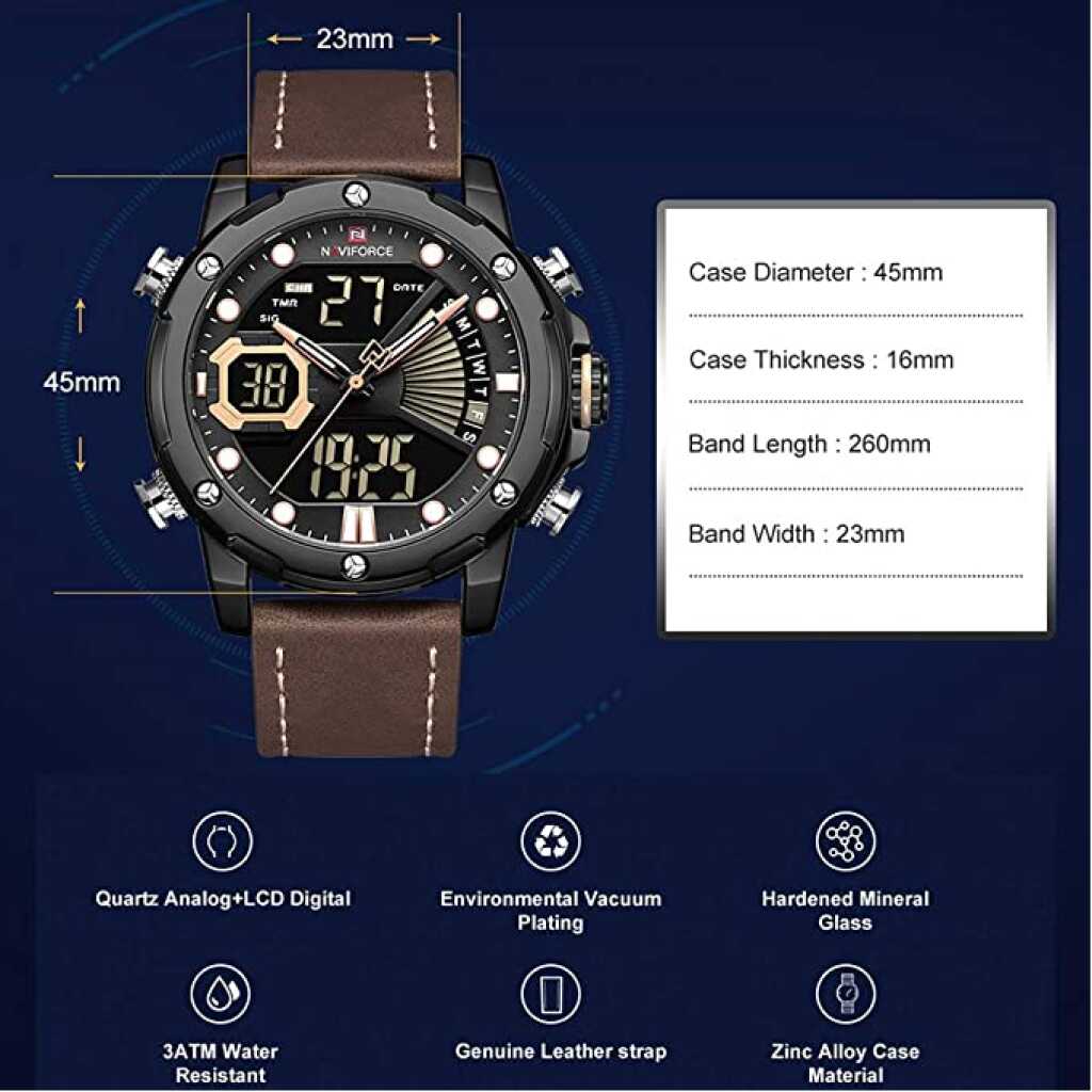 NAVIFORCE 9172 Mens Watch - Business Fashion Luxury - Digital Quartz Dual Time Display - Casual Japanese Quartz Watches