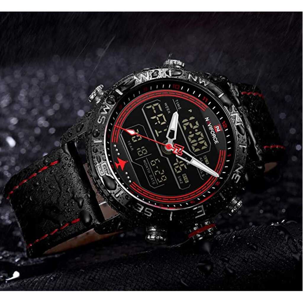 NAVIFORCE Men's Waterproof Sport Watches Leather Digital Analog Watch Luxury Casual Dual Time Wristwatch