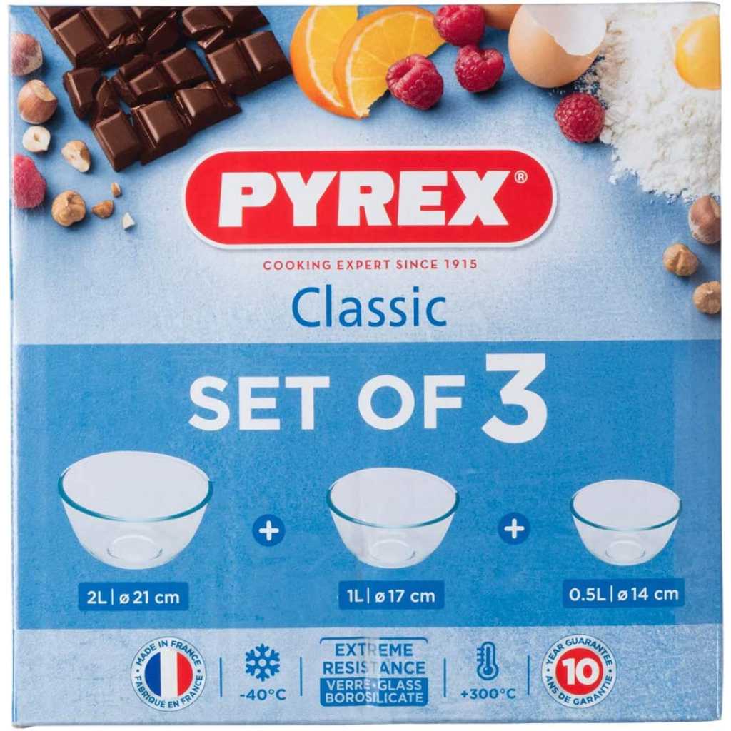 Pyrex Classic Baking Mixing Bowl Glass Set, 0.5L/1.0L/2.0L, Colourless