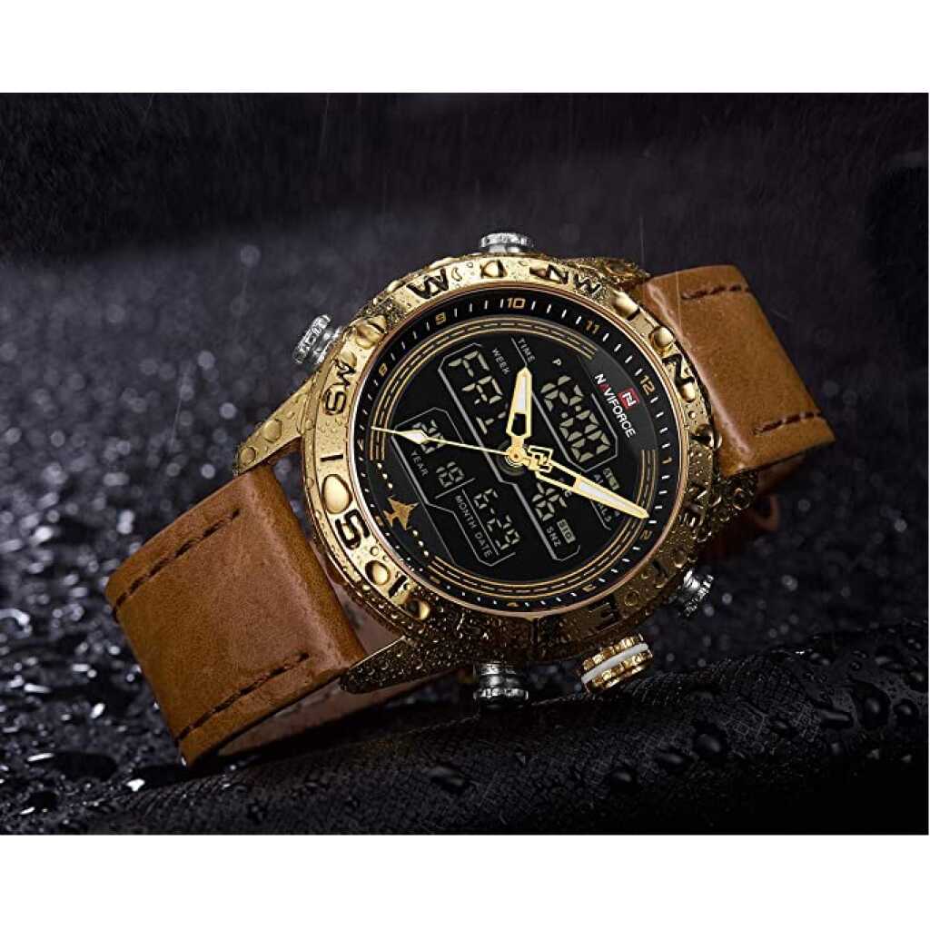 NAVIFORCE Mens Digital Sport Leather Watch Waterproof Analog Quartz Watches Casual Chronograph Backlight Military Wristwatch.