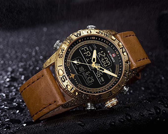 NAVIFORCE Mens Digital Sport Leather Watch Waterproof Analog Quartz Watches Casual Chronograph Backlight Military Wristwatch.