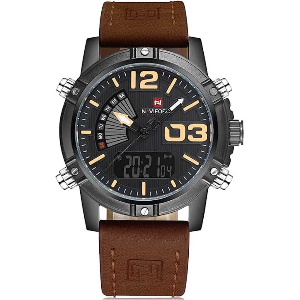 NAVIFORCE Men's Fashion Sport Watches Men Quartz Analog Date Clock Man Leather Military Waterproof Watch - Brown