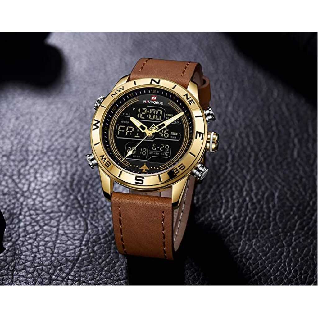 NAVIFORCE Men's Digital Sport Leather Watch Waterproof Analog Quartz Watches Casual Chronograph Backlight Military Wristwatch.