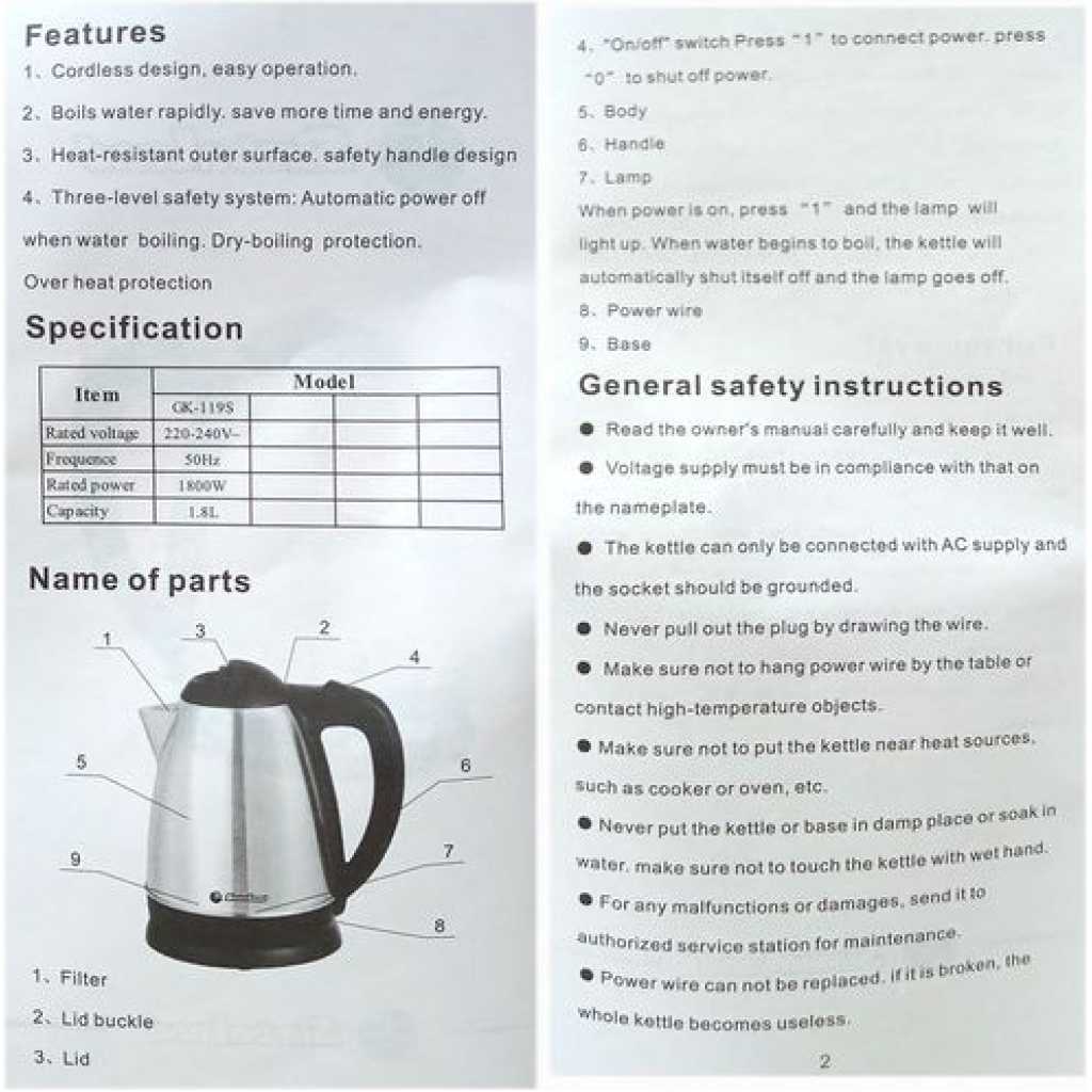 Simbaland Electric Kettle GK-119S, 1800W, 1.8L, Stainless Steel 304 Body