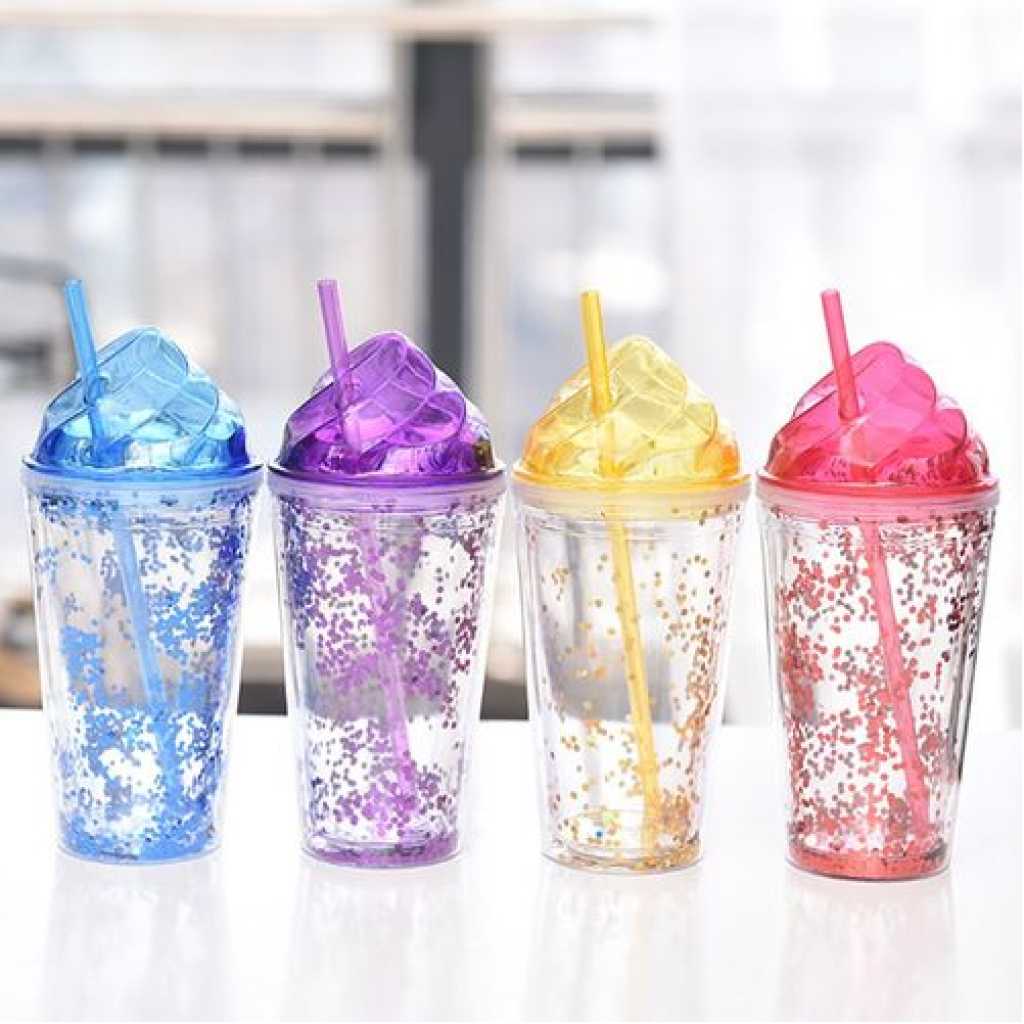 1pc 2-Layer Ice Cream Smoothie Juice Bottle Cup Kettle with Straw - Multi-colours