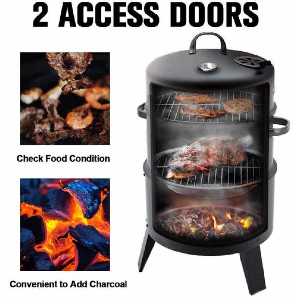 3-In-1 Charcoal Grill BBQ Smoker Barbecue Stove Oven With Thermometer,3 Grates And 2 Doors- Black