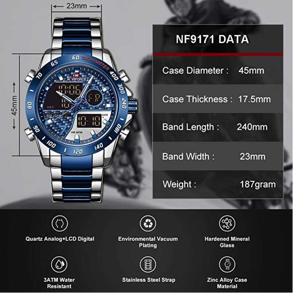 Naviforce Men's Multifunction Waterproof Sport Analog Digital Quartz Watch with Chronograph Dual Time Alarm SIG Snooze Function