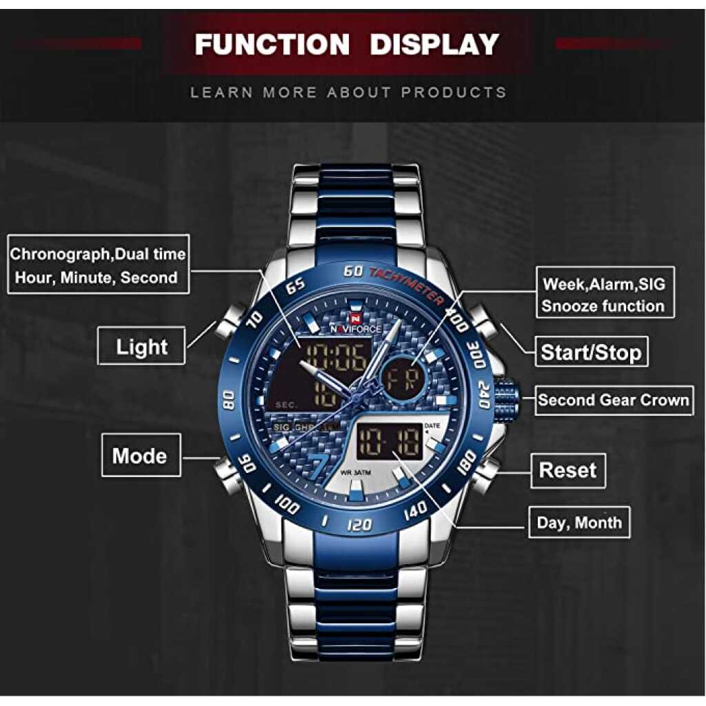 Naviforce Men's Multifunction Waterproof Sport Analog Digital Quartz Watch with Chronograph Dual Time Alarm SIG Snooze Function