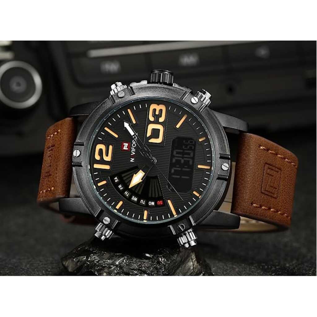NAVIFORCE Men's Fashion Sport Watches Men Quartz Analog Date Clock Man Leather Military Waterproof Watch - Brown