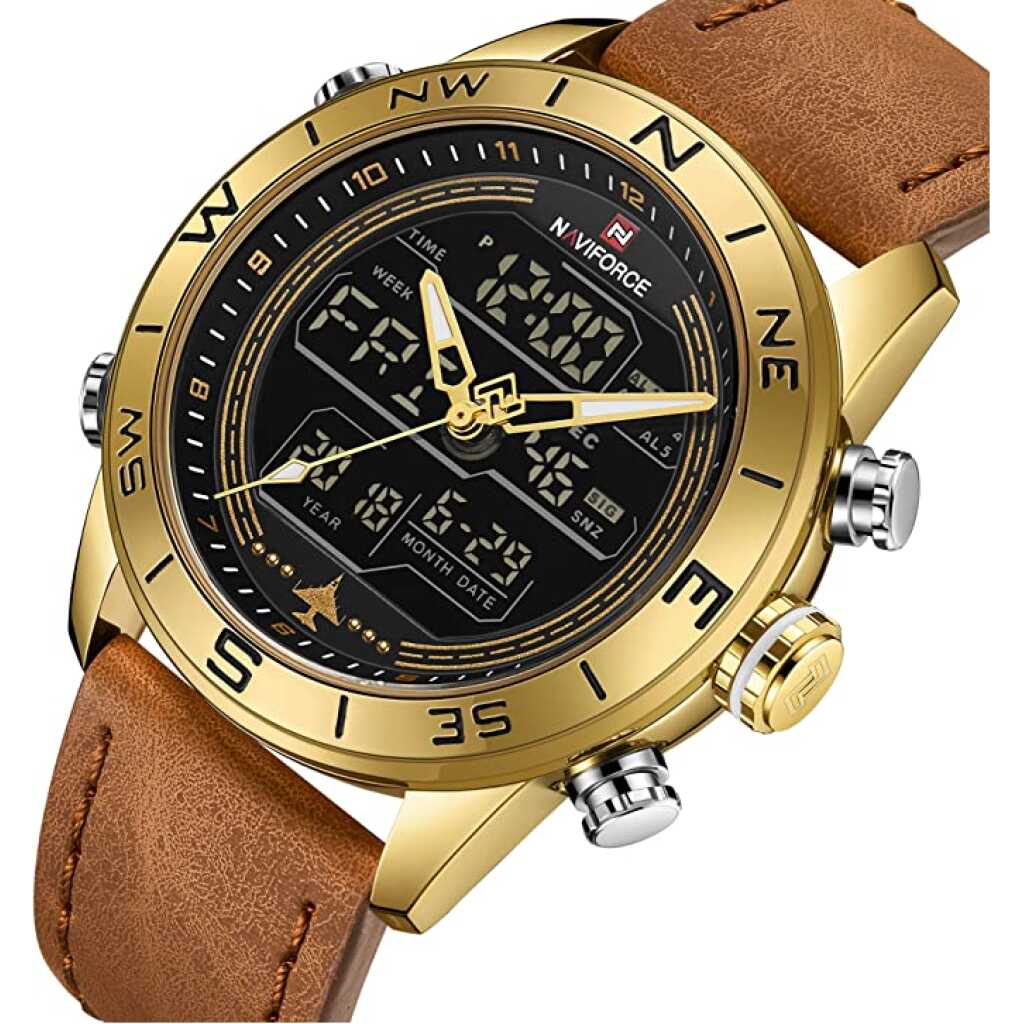 NAVIFORCE Men's Digital Sport Leather Watch Waterproof Analog Quartz Watches Casual Chronograph Backlight Military Wristwatch.