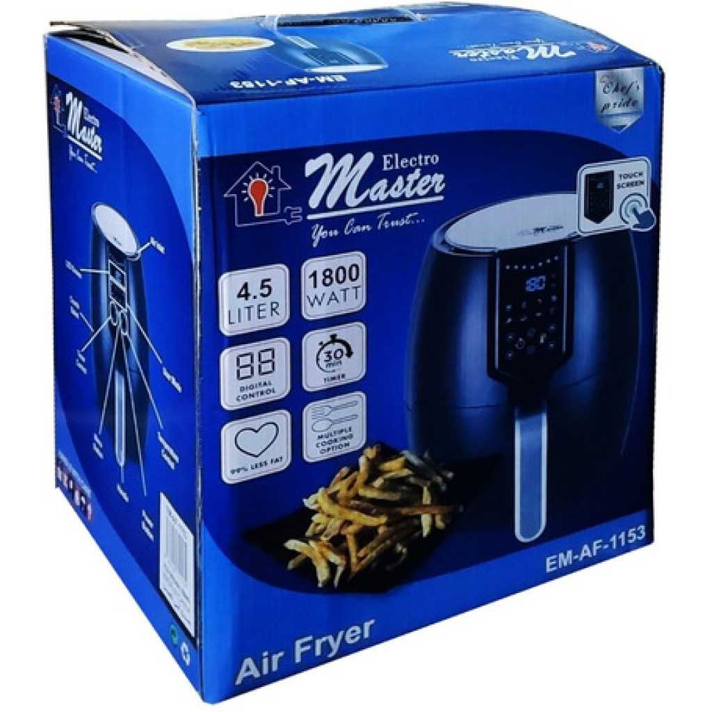 Electro Master Digital Air Fryer EM-AF1153, 4.5L, 1800W Microcomputer Control Preset timer Over Heat Protection