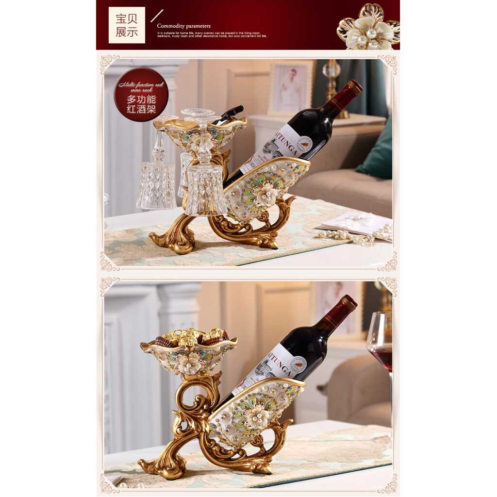 Wine Holder, Resin Peacock Feathers Tabletop Single Wine Accessory Bottle Holder, with Wine Glass Hanging Holes and Dried Fruit Tray, Used for Home Bar Decoration