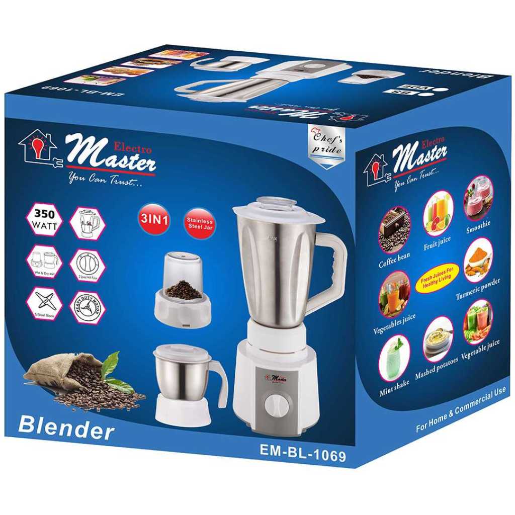 Electro Master EM-BL-1069 3-in-1 Stainless Steel Blender -1.5L White