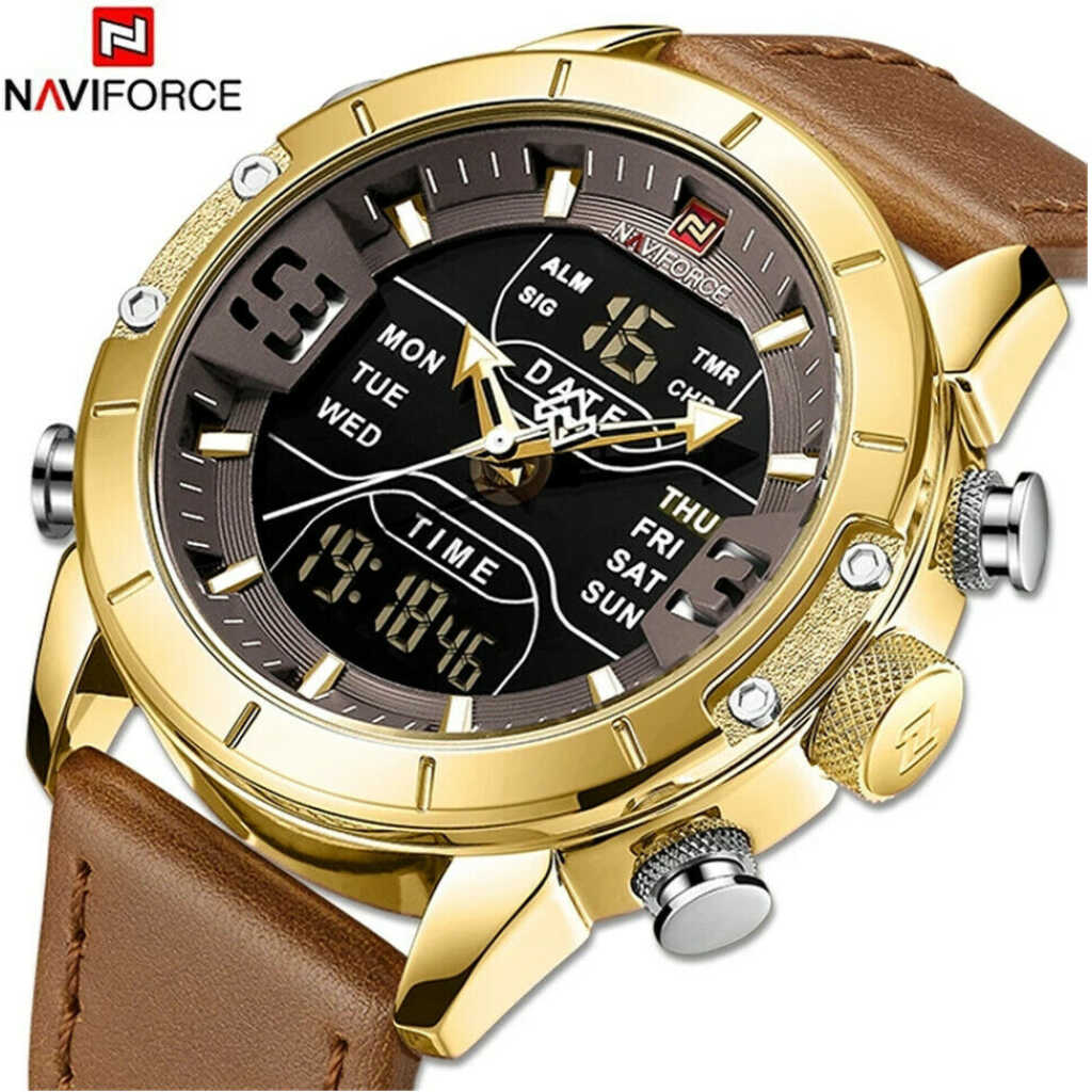 NAVIFORCE Men Digital Quartz Watch Leather Wristwatch Male LED Stopwatch