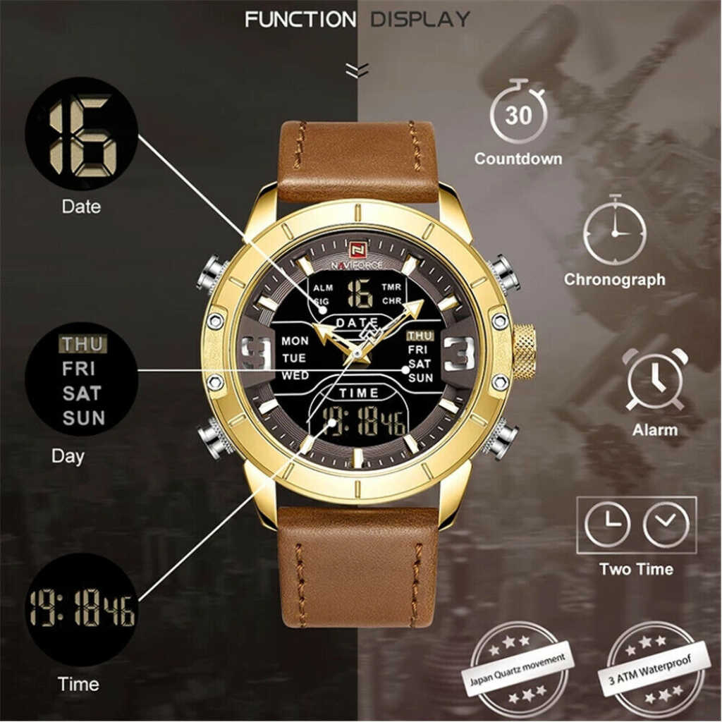 NAVIFORCE Men Digital Quartz Watch Leather Wristwatch Male LED Stopwatch