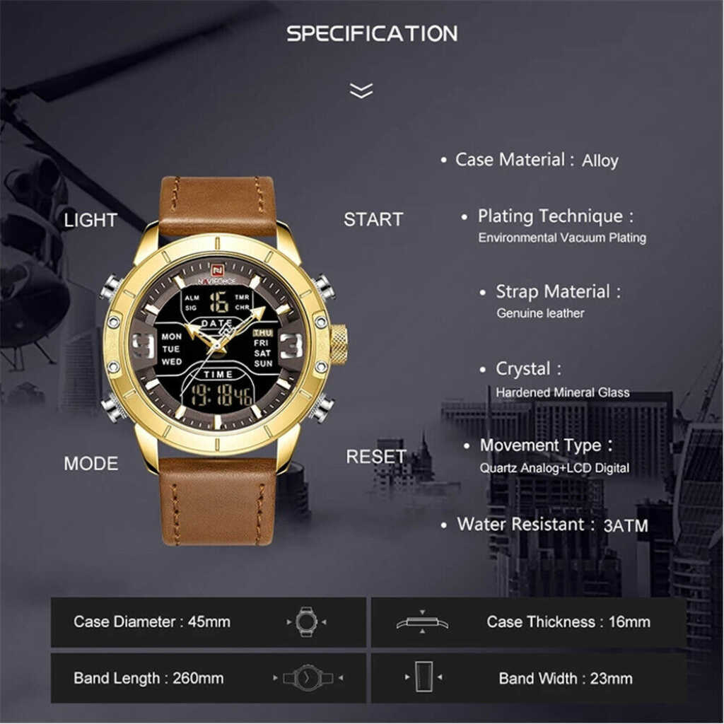 NAVIFORCE Men Digital Quartz Watch Leather Wristwatch Male LED Stopwatch