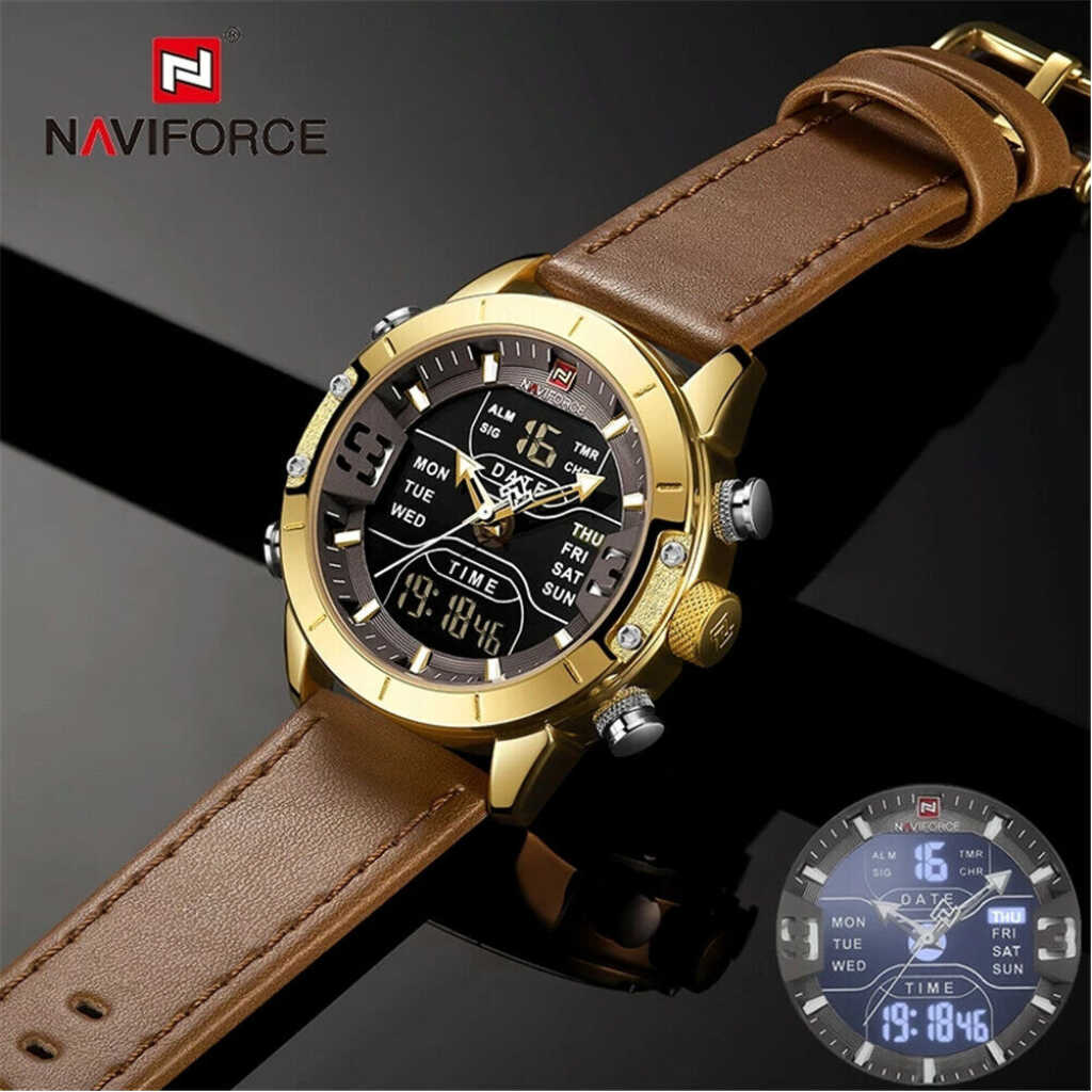 NAVIFORCE Men Digital Quartz Watch Leather Wristwatch Male LED Stopwatch