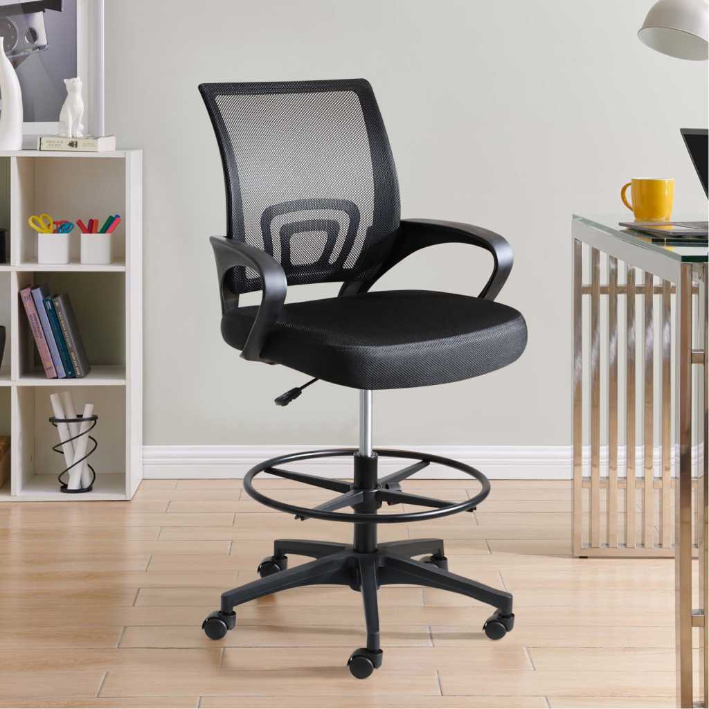 Adjustable Height Drafting Office Chair with Armrest and Regolabile Foot Ring, Black/Silver