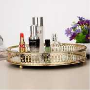 Round Makeup Jewelry Organizer Decorative Glass Vanity Mirror Cosmetic Storage Perfume Candle Decor Tray - Gold