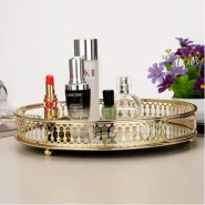 Round Makeup Jewelry Organizer Decorative Glass Vanity Mirror Cosmetic Storage Perfume Candle Decor Tray - Gold
