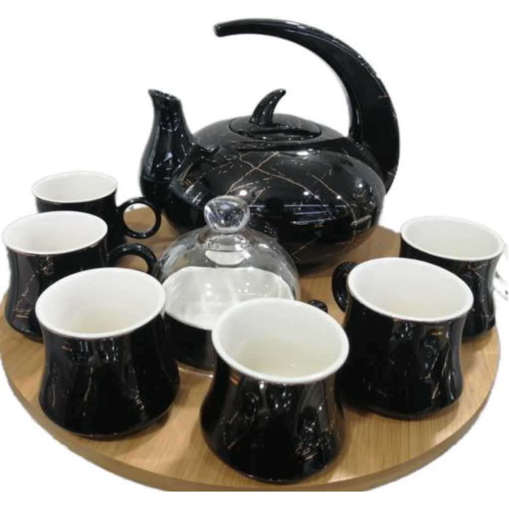 8Piece Cuppucino Tea Coffee Mugs Cups, Teapot And Bamboo Tray Set- Black.