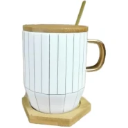 Portable Breakfast Coffee Mug, Tea Cup Gift Set With Gold Spoon- Multi-colours
