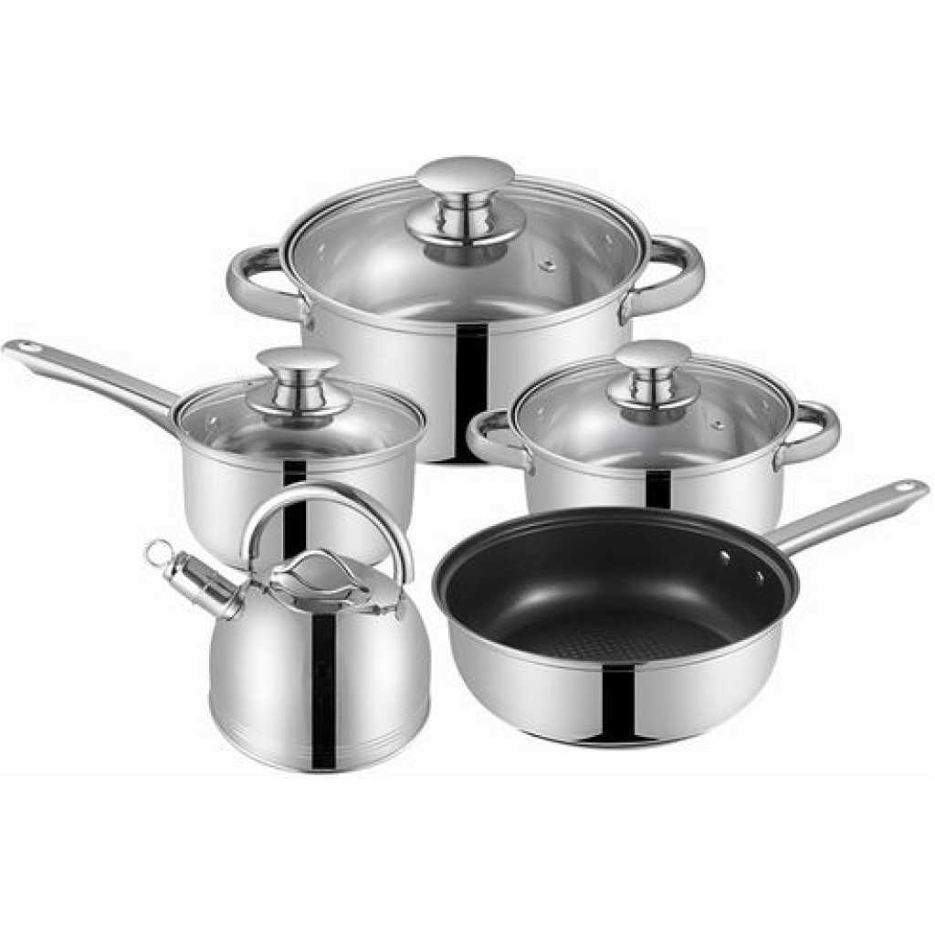 8PC Stainless Steel Saucepans Cookware Pots With Kettle And Frying Pan -Silver .