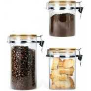 3PC Airtight Storage Pantry Food Glass Jars with Bamboo Clamp Lids- Clear.