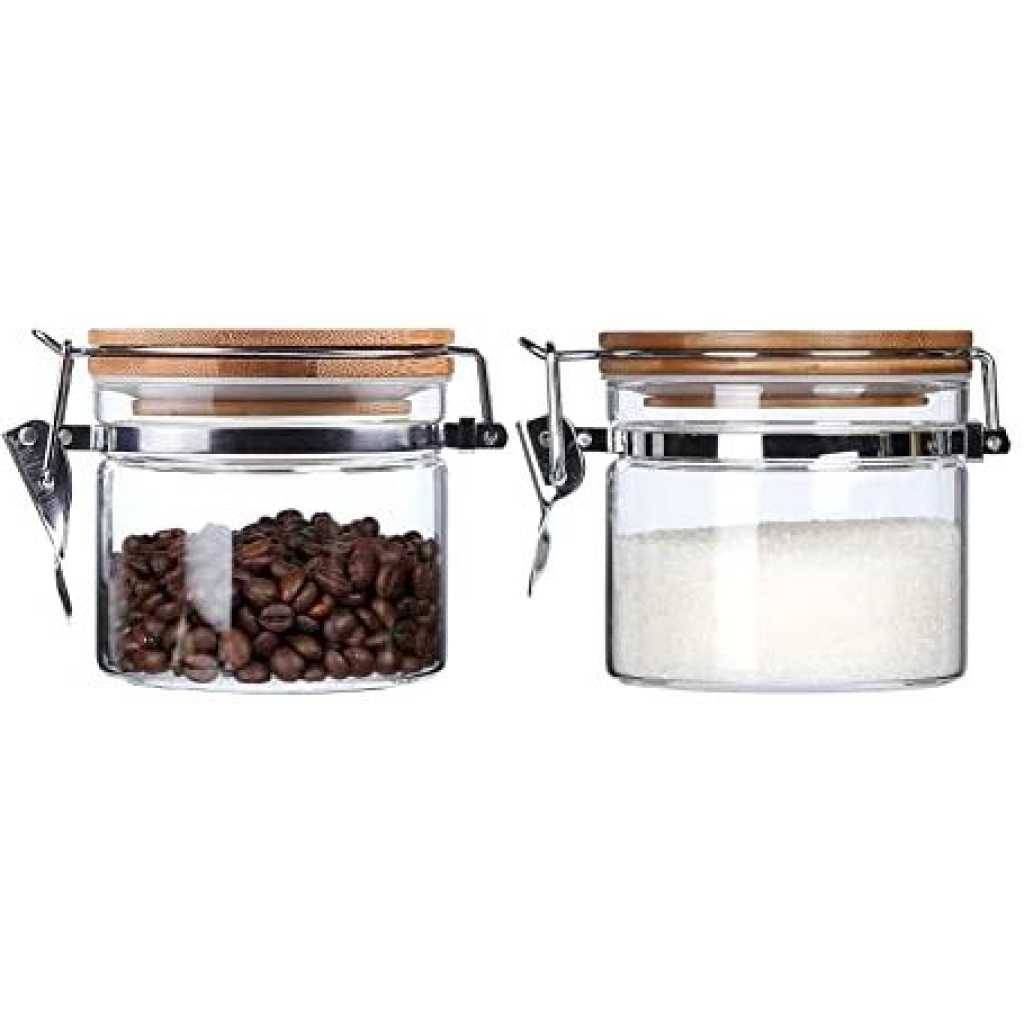 2PC Airtight Storage Pantry Food Glass Jars with Bamboo Clamp Lids- Clear.