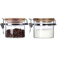 2PC Airtight Storage Pantry Food Glass Jars with Bamboo Clamp Lids- Clear.