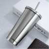 Stainless Steel 500ml Coffee Mug With Lid Tea Cup Thermos Beer Travel Tumbler With Straw- Silver.