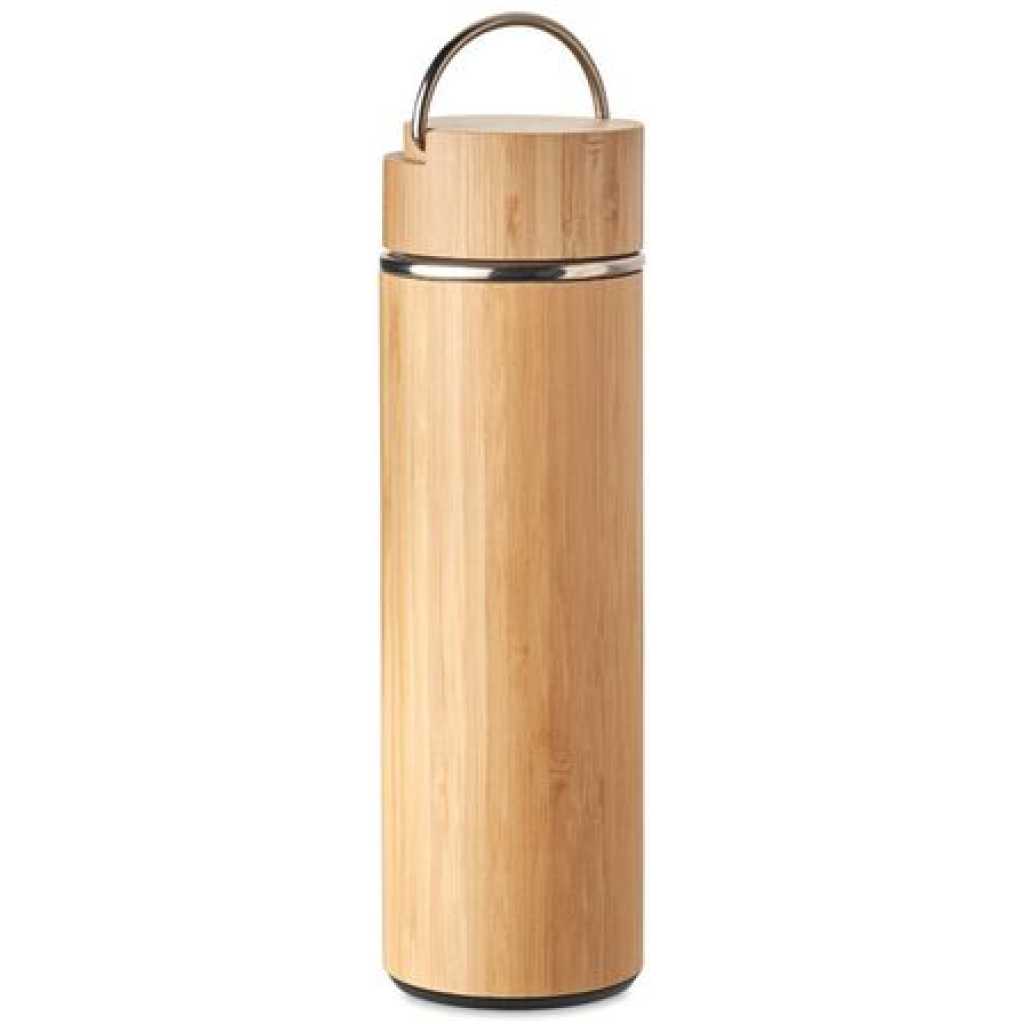 Double Wall Stainless Steel Bamboo Insulating Vacuum Flask With Additional Tea Infuser, 480ml- Brown.