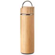 Double Wall Stainless Steel Bamboo Insulating Vacuum Flask With Additional Tea Infuser, 480ml- Brown.