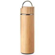 Double Wall Stainless Steel Bamboo Insulating Vacuum Flask With Additional Tea Infuser, 480ml- Brown.