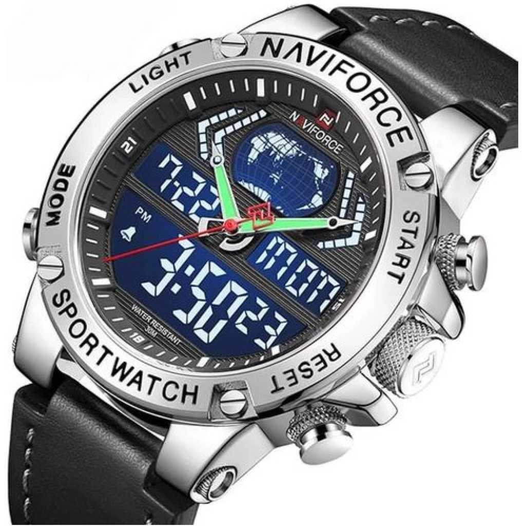 Naviforce Waterproof Mens Leather Strapped Watch - Black, Silver