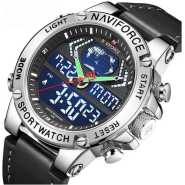 Naviforce Waterproof Men's Leather Strapped Watch - Black, Silver