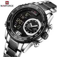 Naviforce Dual Display Men's Stylish Waterproof Watch - Black Silver