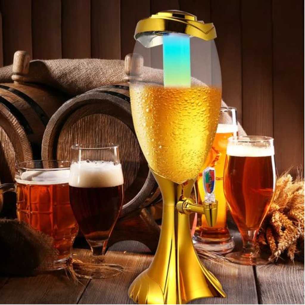 Beer Tower 4.5 Liters Drink Beverage Dispenser Plastic with Ice Tube- Gold.