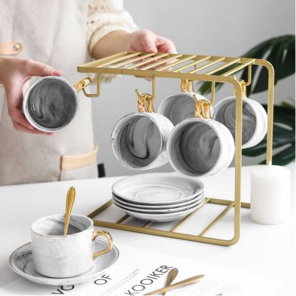 6 Tea Coffee Cups And Saucers Stand Rack Organizer Gift Set- Gold.