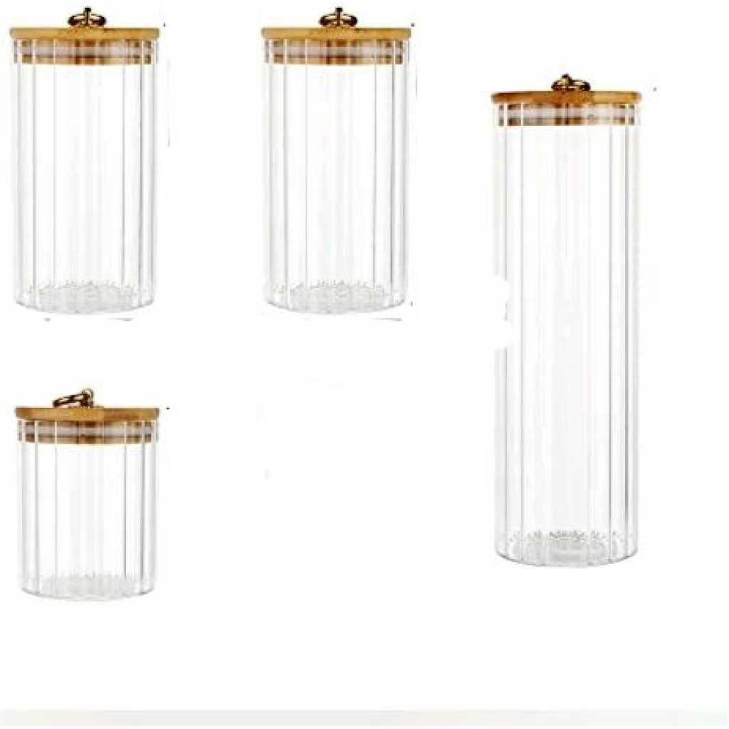 4PC Airtight Storage Pantry Food Glass Jars With Bamboo Clamp Lids- Clear.