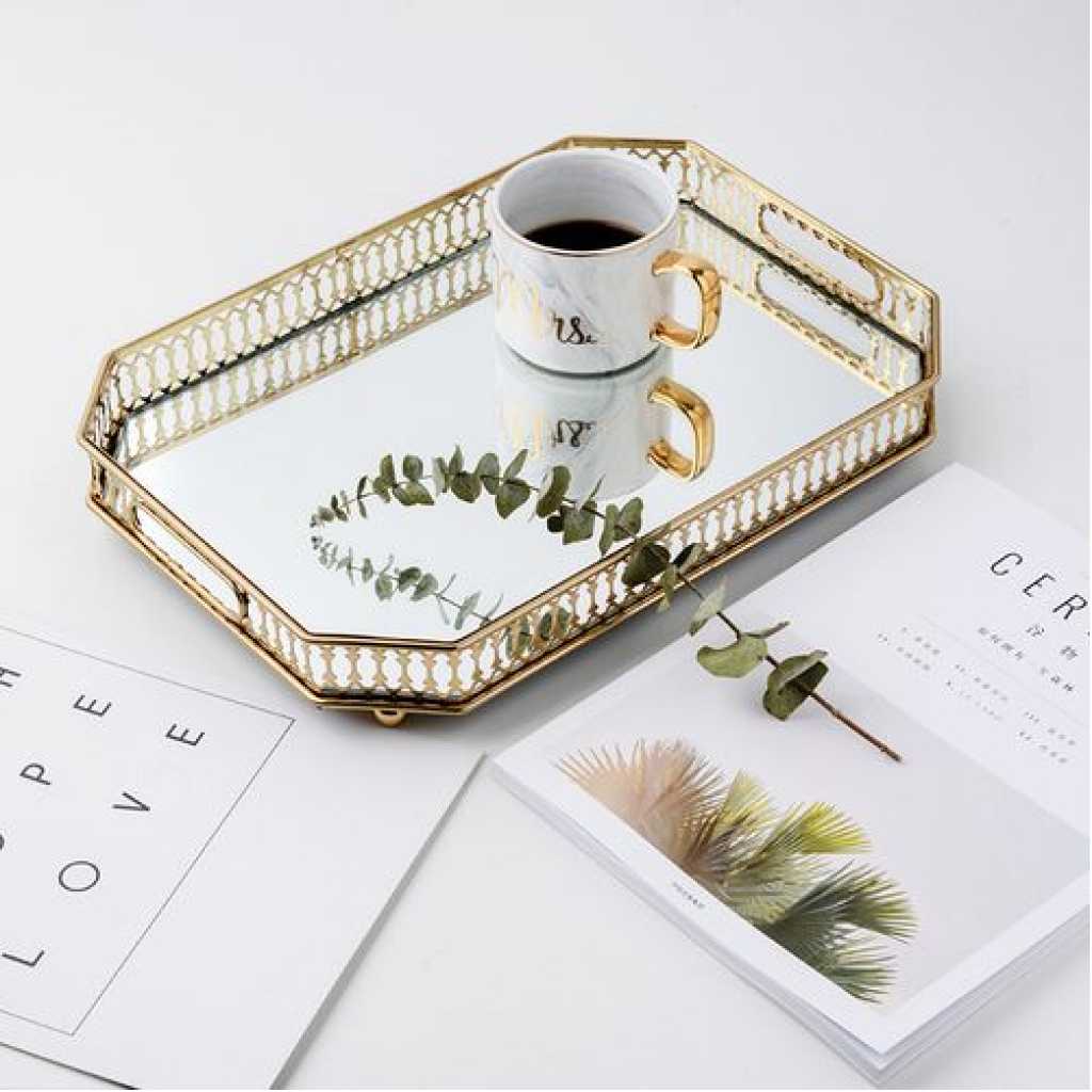 Rectangle Makeup Jewelry Organizer Decorative Glass Vanity Mirror Cosmetic Storage Perfume Candle Decor Tray - Gold