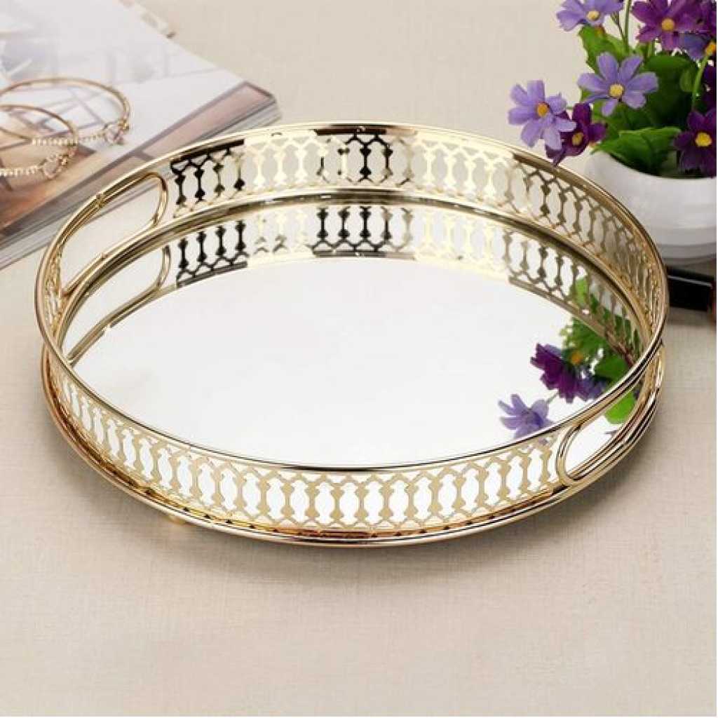 Round Makeup Jewelry Organizer Decorative Glass Vanity Mirror Cosmetic Storage Perfume Candle Decor Tray - Gold