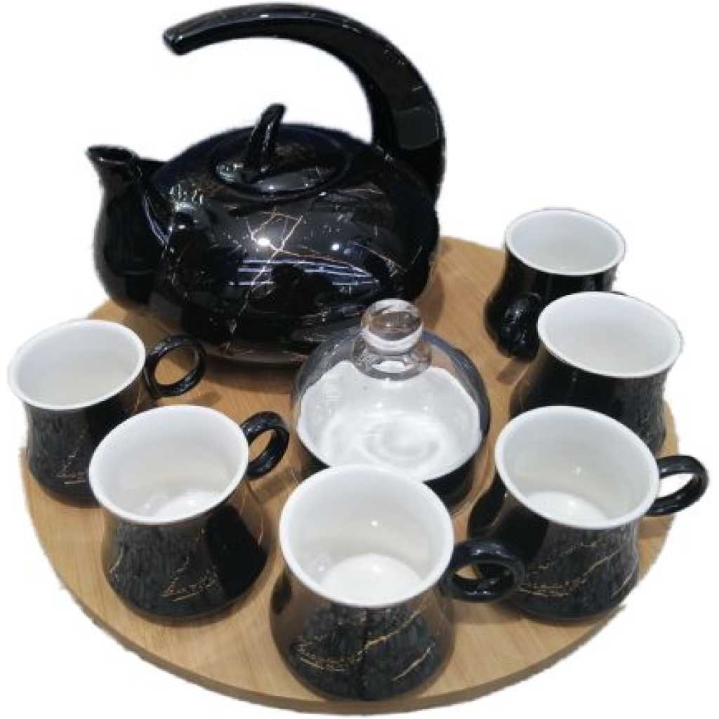 8Piece Cuppucino Tea Coffee Mugs Cups, Teapot And Bamboo Tray Set- Black.
