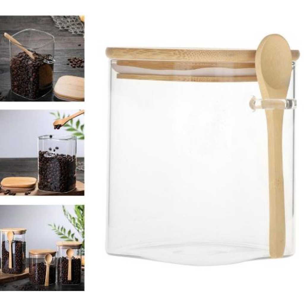 3PC Square Airtight Storage Pantry Food Glass Jars Bamboo Clamp Lids- Clear.