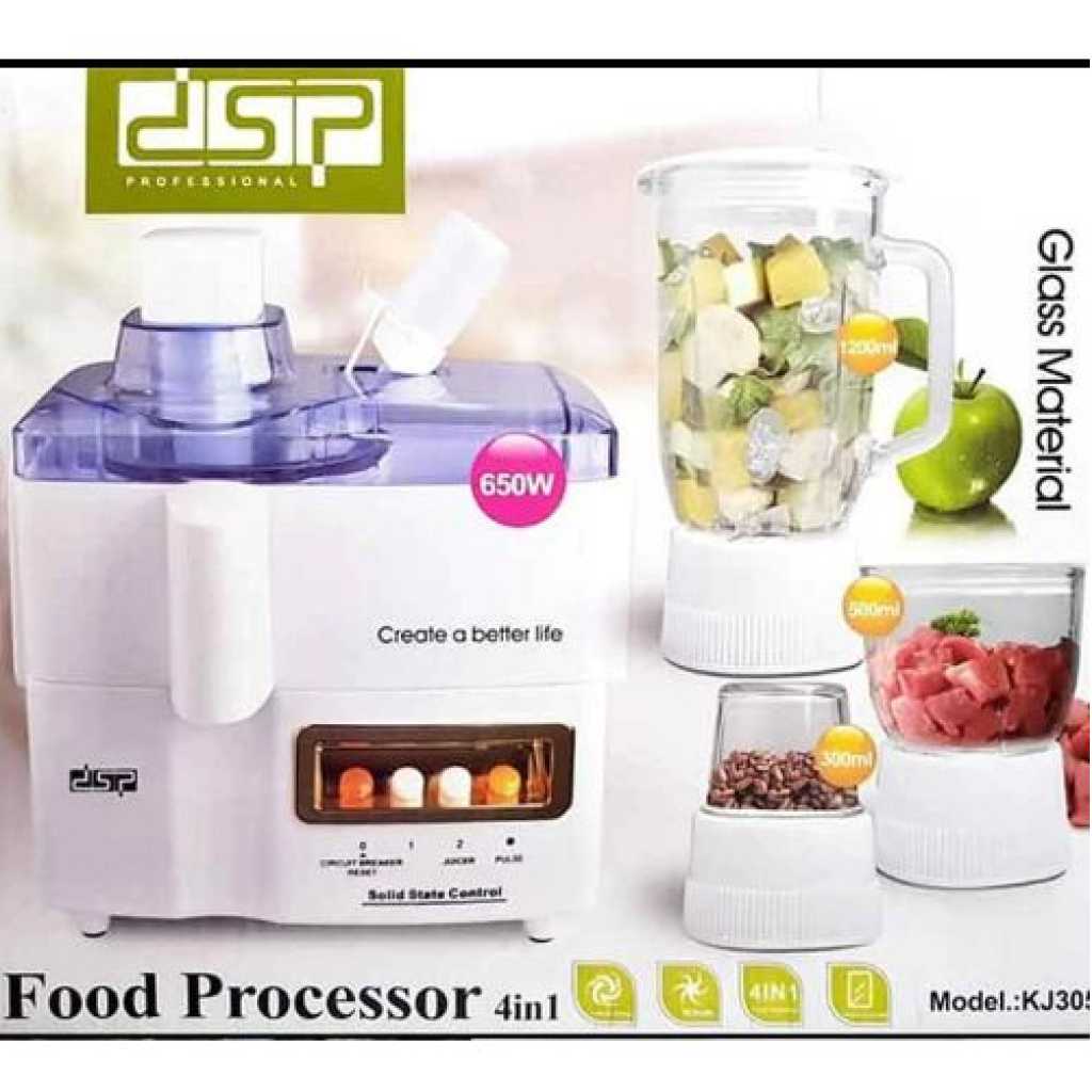 Dsp 4 In1 Glass Food Processor,Extractor,Mixer, Blender - White.