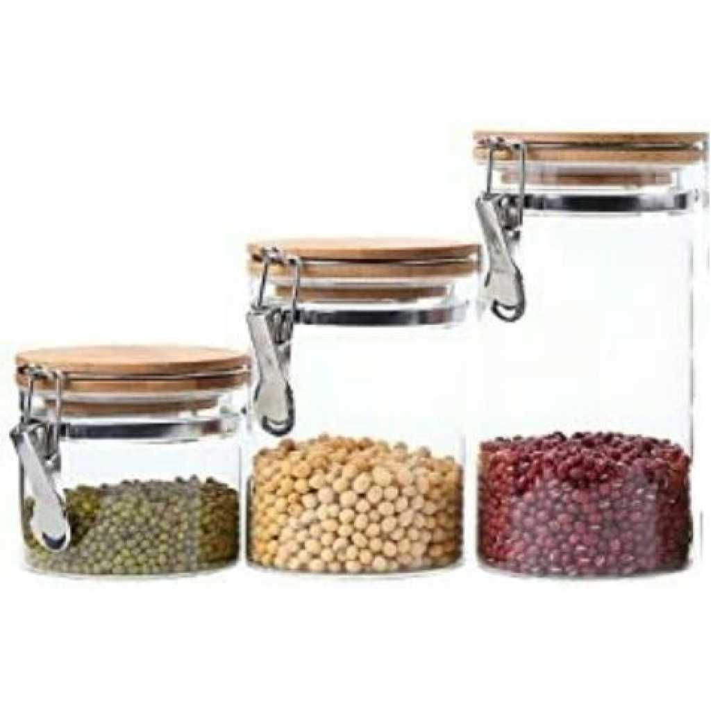 3PC Airtight Storage Pantry Food Glass Jars with Bamboo Clamp Lids- Clear.