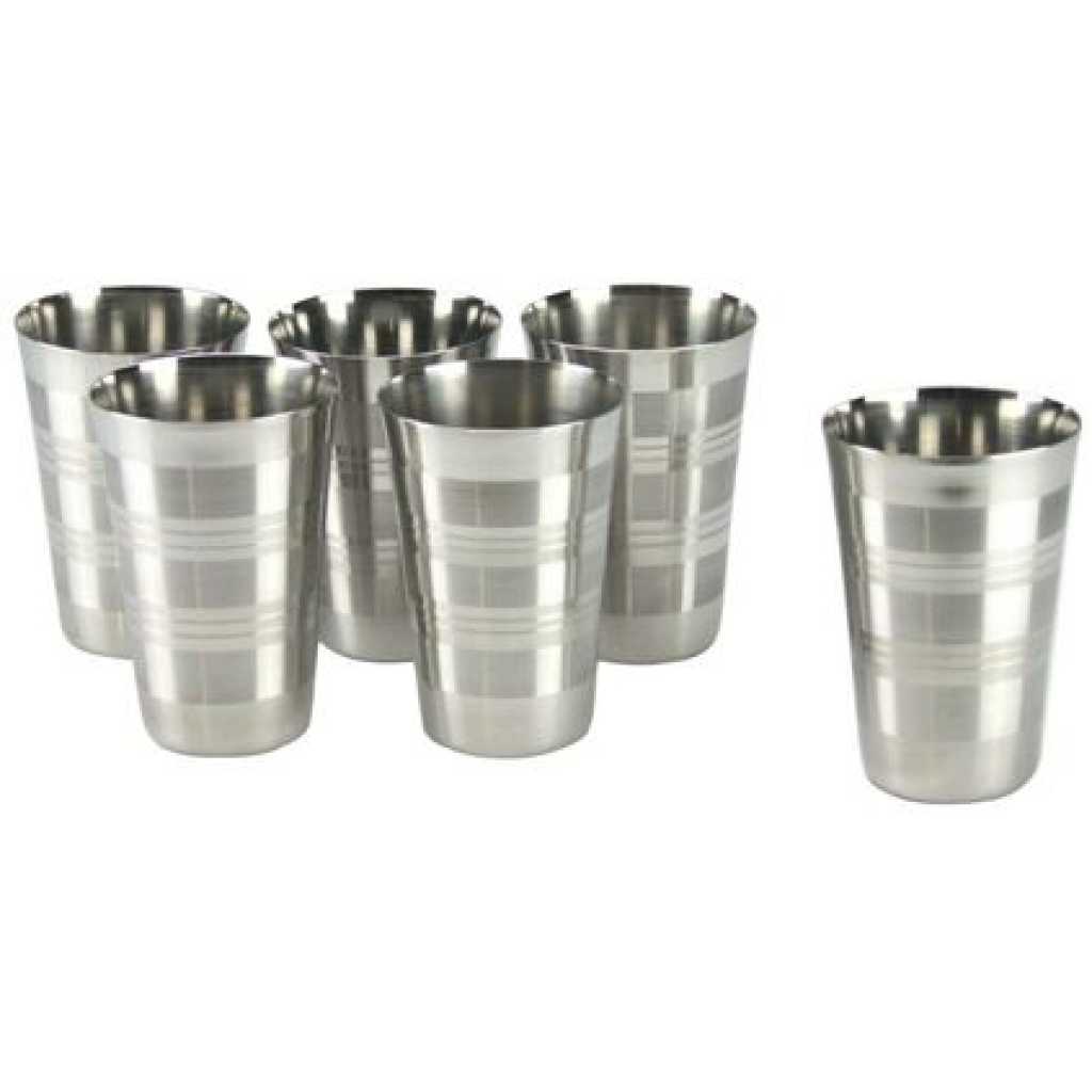 6 Stainless Steel Drinking Tumblers Unbreakable Water Juice Cocktail Mugs- Silver.