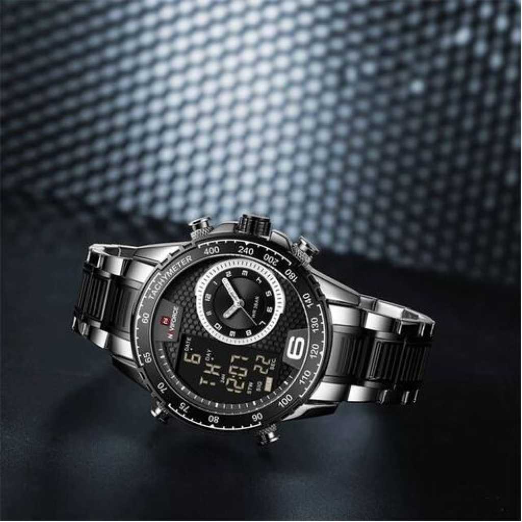 Naviforce Dual Display Men's Stylish Waterproof Watch - Black Silver