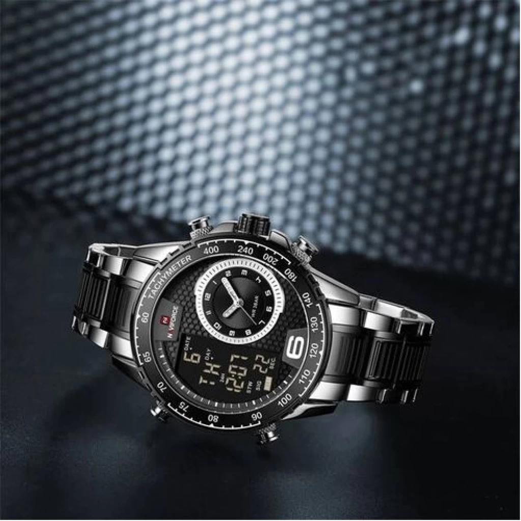 Naviforce Dual Display Men's Stylish Waterproof Watch - Black Silver